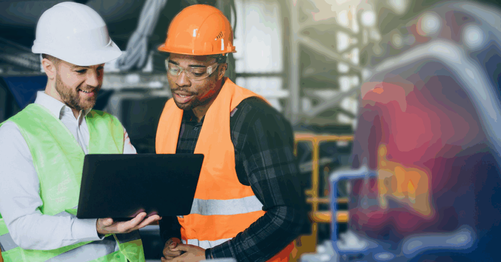 Engenheiros analisando dados de manutenção em ambiente logístico com uso de EPIs.