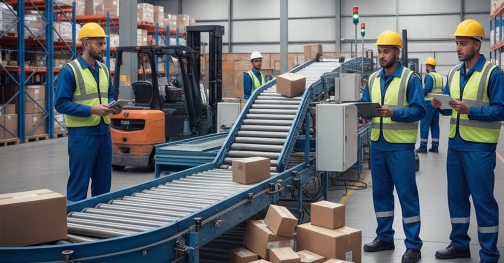 Equipe de operadores em centro de distribuição com esteiras transportadoras automatizadas durante o planejamento intralogístico para alta demanda.