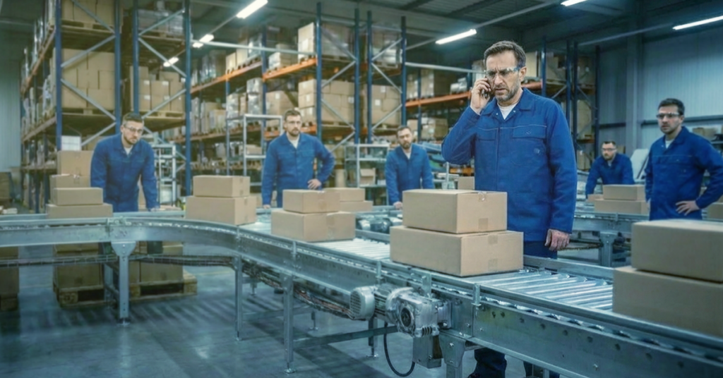 Supervisor analisando possível falha em esteira transportadora em centro de distribuição, destacando a importância da manutenção corretiva vs manutenção preventiva na intralogística.